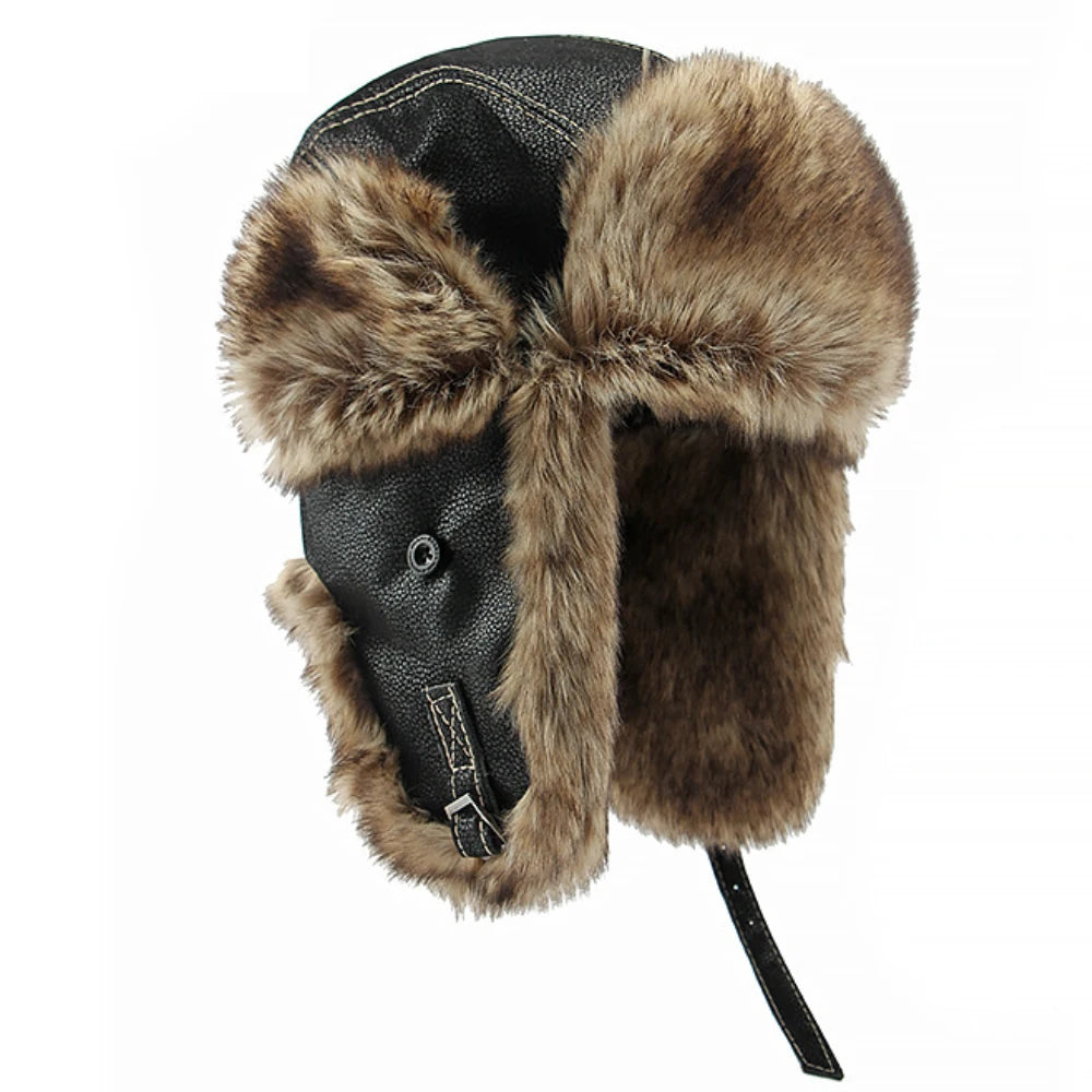 Ambleside Faux Leather Trapper Hat in A Black