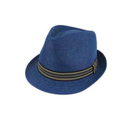 Doug Woven Polyester Trilby Hat with Stripe Ribbon Band