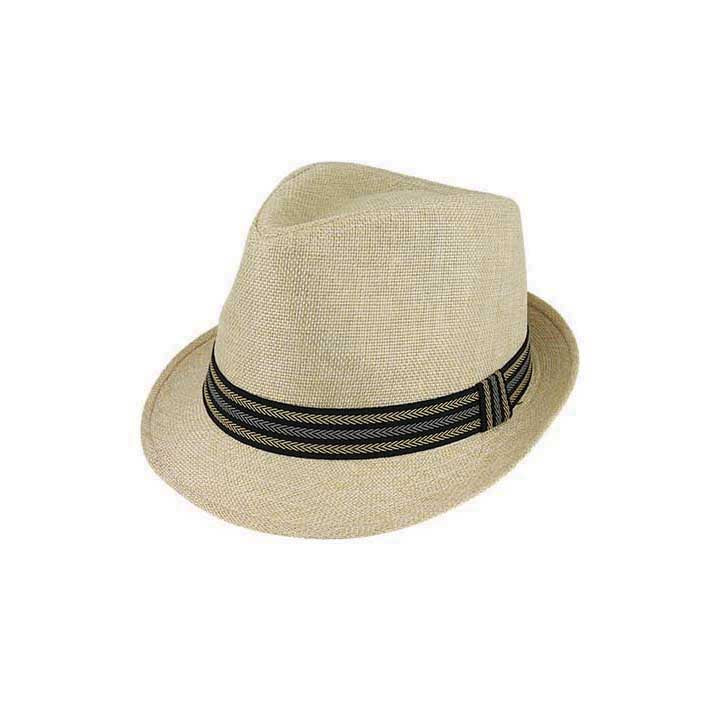 Doug Woven Polyester Trilby Hat with Stripe Ribbon Band