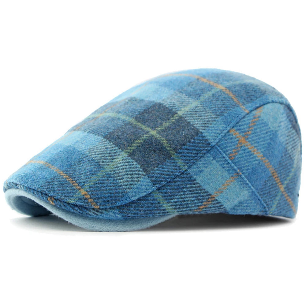 Bury Plaid Wool Beret in Acid Blue