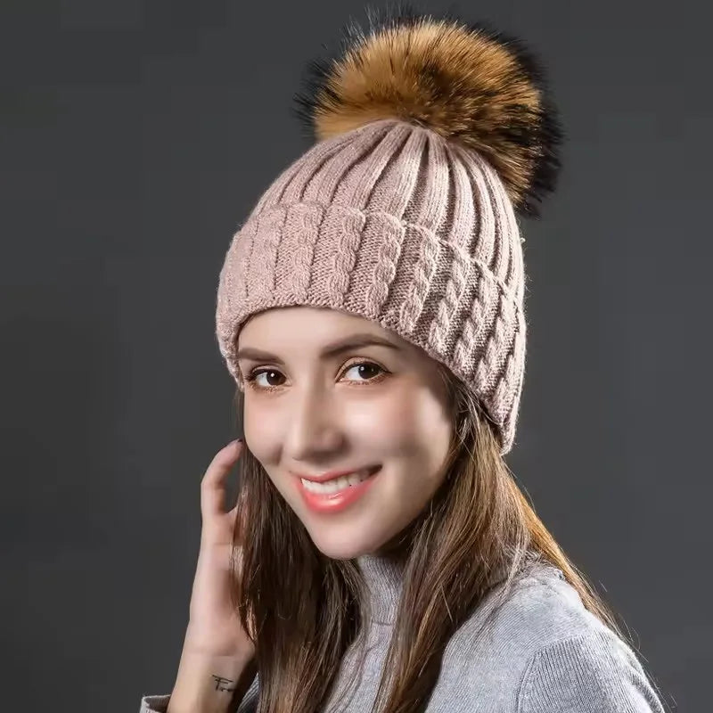 The Aspen | Raccoon Fur Pompom Casual Knitted Beanie | Urban Caps NZ