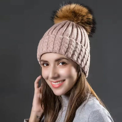 The Megeve | Classic Raccoon Fur Pompom Knitted Beanie | Urban Caps NZ