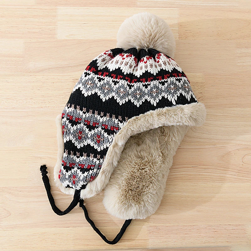 Whitehorse Knitted Patchwork Trapper Hat in Black