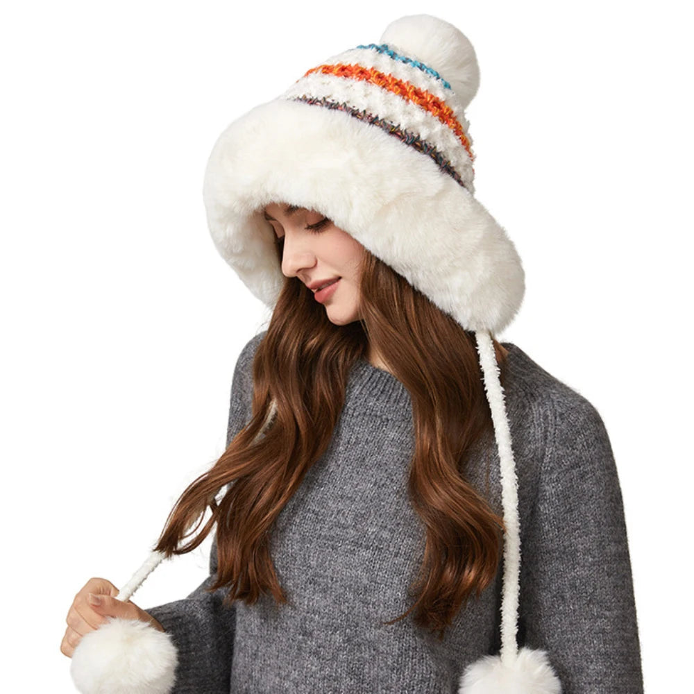 Nunavut Three-Pompom Fur Trapper Hat in Ivory