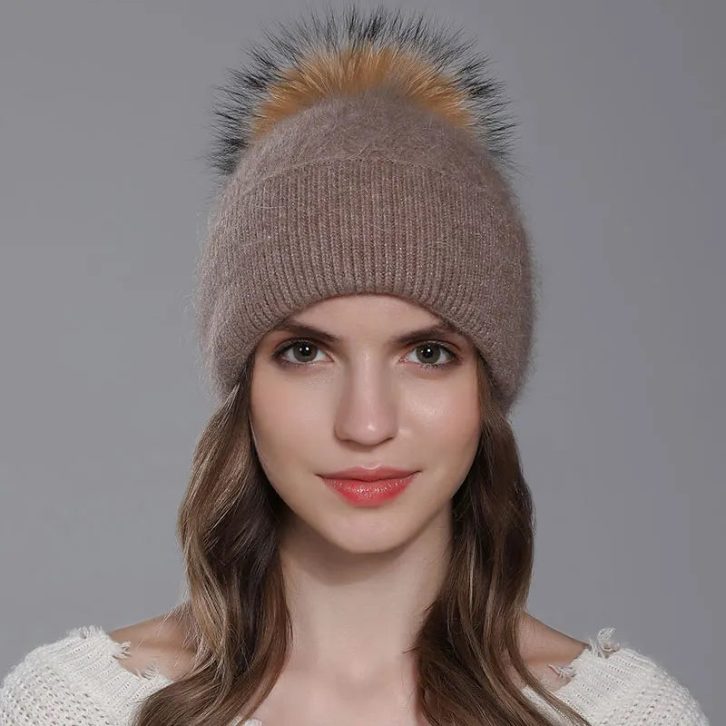 The Banff | Natural Raccoon Fur Pompom Knitted Beanie | Urban Caps NZ