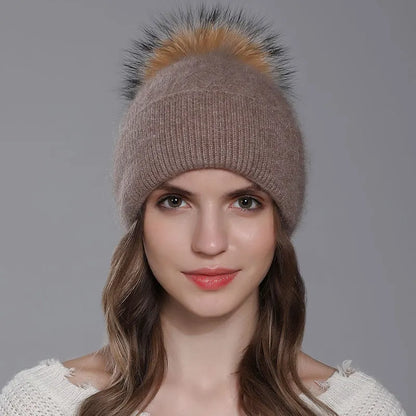 The Banff | Natural Raccoon Fur Pompom Knitted Beanie | Urban Caps NZ