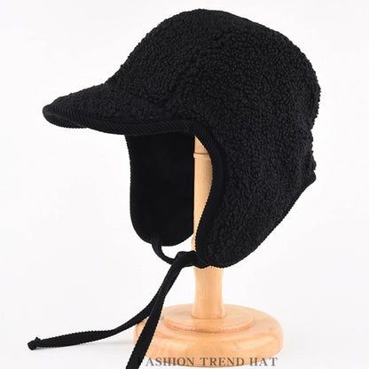 Kamchatka Lamb Fleece Trapper Hat in Black