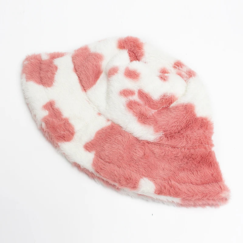 Plush Cow Print Bucket Hat | Warm Winter Panama Hat | Urban Caps NZ