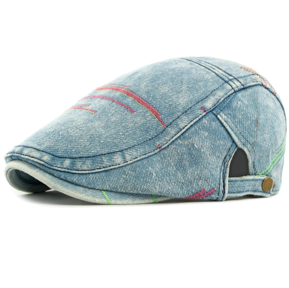 Frome Geometric Denim-Style Beret in Middle Blue