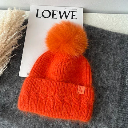Windermere Fur Pompom Beanie in Orange