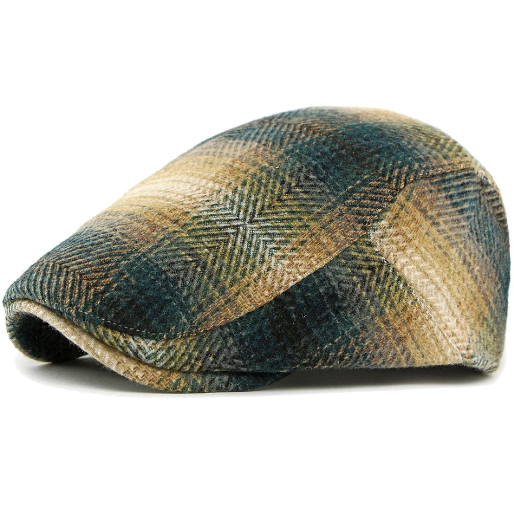Bury Plaid Wool Beret in Khaki