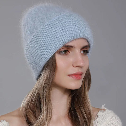 The St Moritz | Twist Angora Rabbit Fur Knitted Beanie | Urban Caps NZ