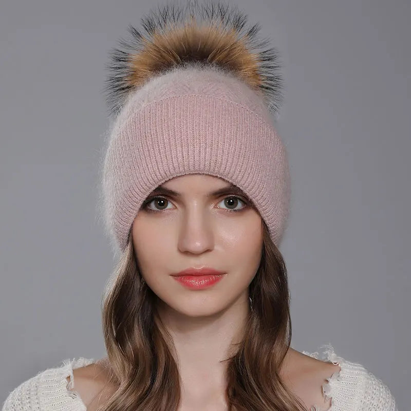 The Banff | Natural Raccoon Fur Pompom Knitted Beanie | Urban Caps NZ