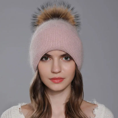 The Banff | Natural Raccoon Fur Pompom Knitted Beanie | Urban Caps NZ