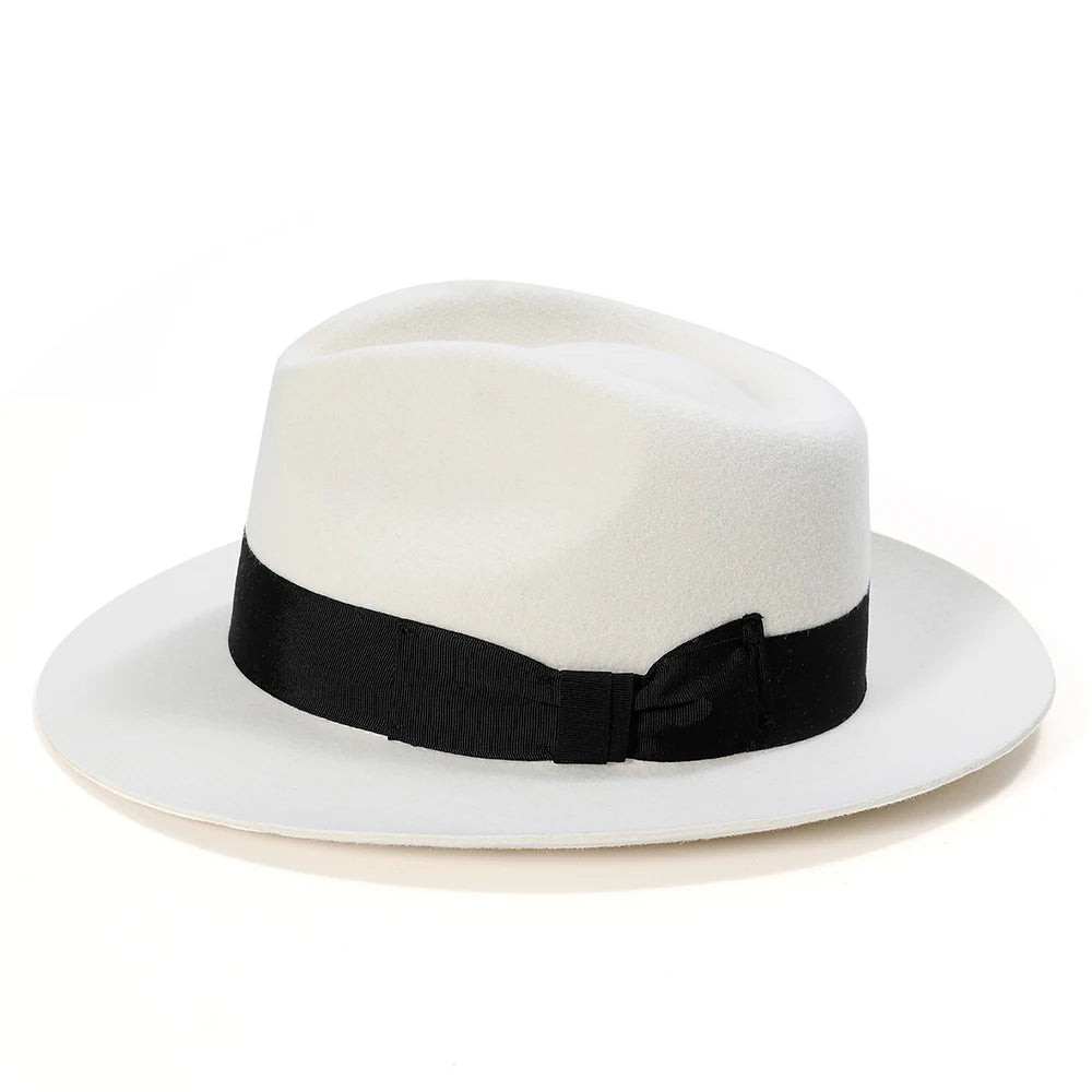 British Style White Fedora Hat – Premium Wool Felt Wide Brim Hat