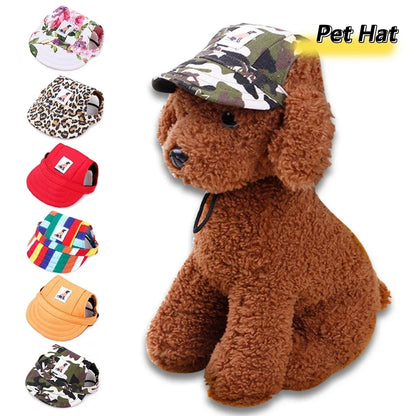 Dog cap shown in camouflage, floral and stripe designs