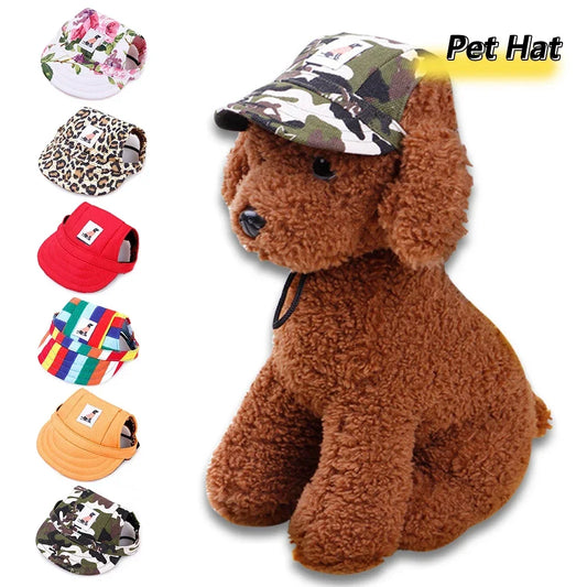 Dog cap shown in camouflage, floral and stripe designs