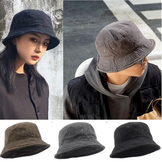 Big head wide brim pure cotton bucket hat in black with side eyelets