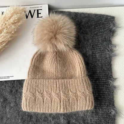 Windermere Fur Pompom Beanie in Khaki