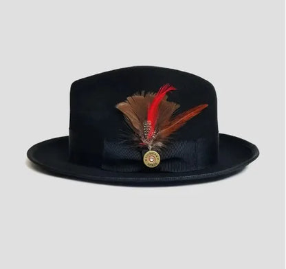 Premium 100% Wool Chicano Lowrider Hat – Feather Band Wide Brim Fedora