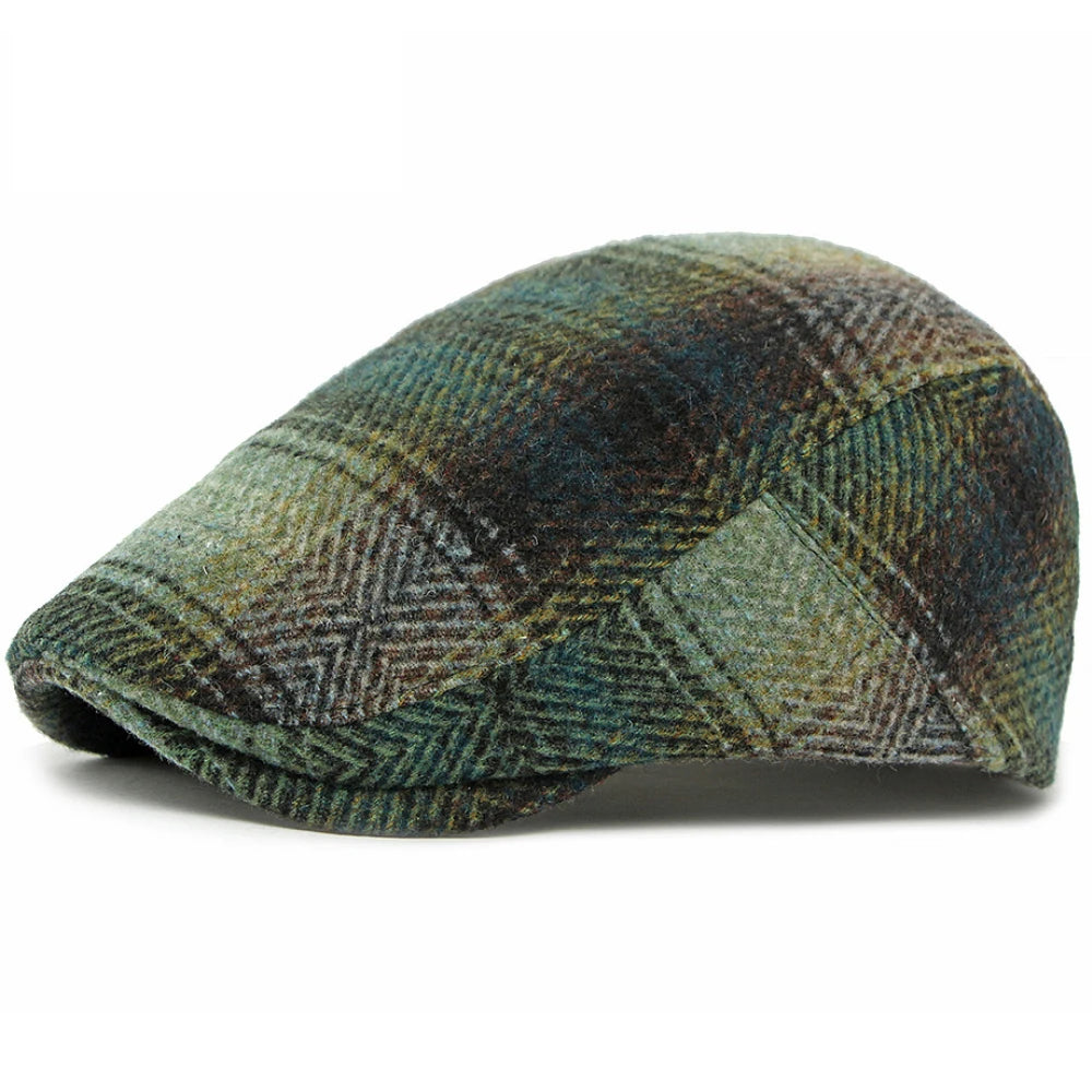 Bury Plaid Wool Beret in Dark Green