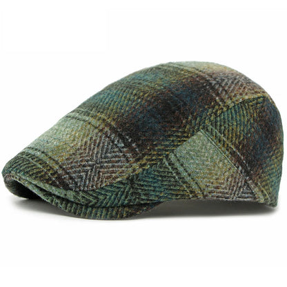 Bury Plaid Wool Beret in Dark Green