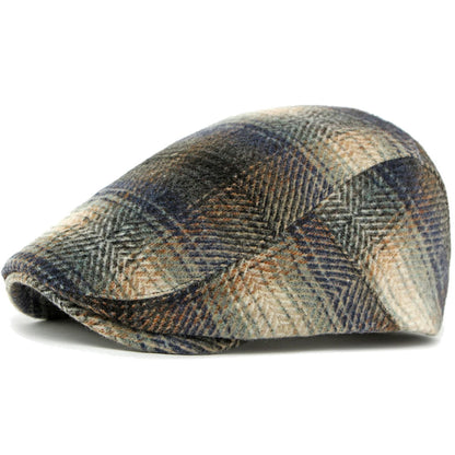 Bury Plaid Wool Beret in Navy Blue