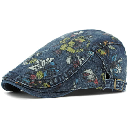 Lucca Floral Washed Denim Beret in Dark Blue