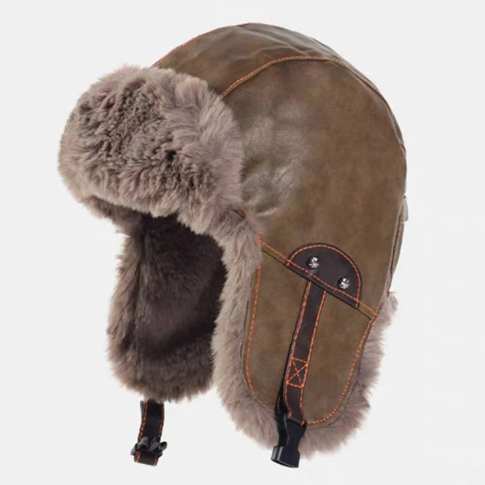 Nunivak Waterproof Leather Trapper Hat in Green Coffee