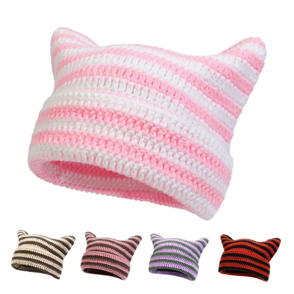 The Harajuku | Cat Ears Gothic Wool Striped Skullies Beanie | Urban Caps NZ