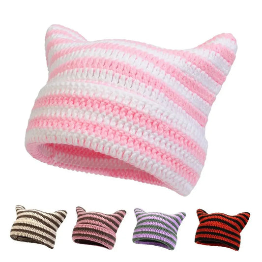 The Harajuku | Cat Ears Gothic Wool Striped Skullies Beanie | Urban Caps NZ