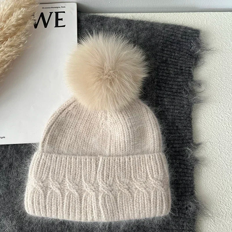 Windermere Fur Pompom Beanie in Beige