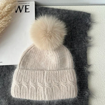 Windermere Fur Pompom Beanie in Beige