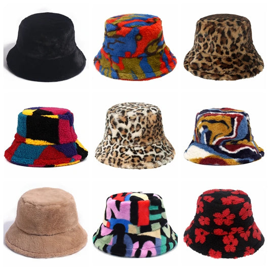 Women's vintage faux fur bucket hat in a soft neutral tone