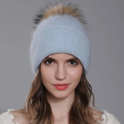 The Banff | Natural Raccoon Fur Pompom Knitted Beanie | Urban Caps NZ