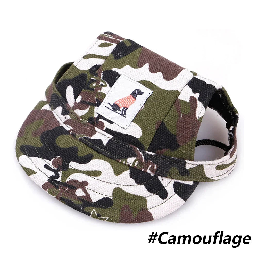 Dog cap shown in camouflage, floral and stripe designs