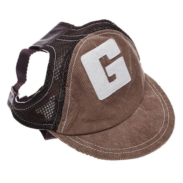 Denim dog cap in coffee with lettering design