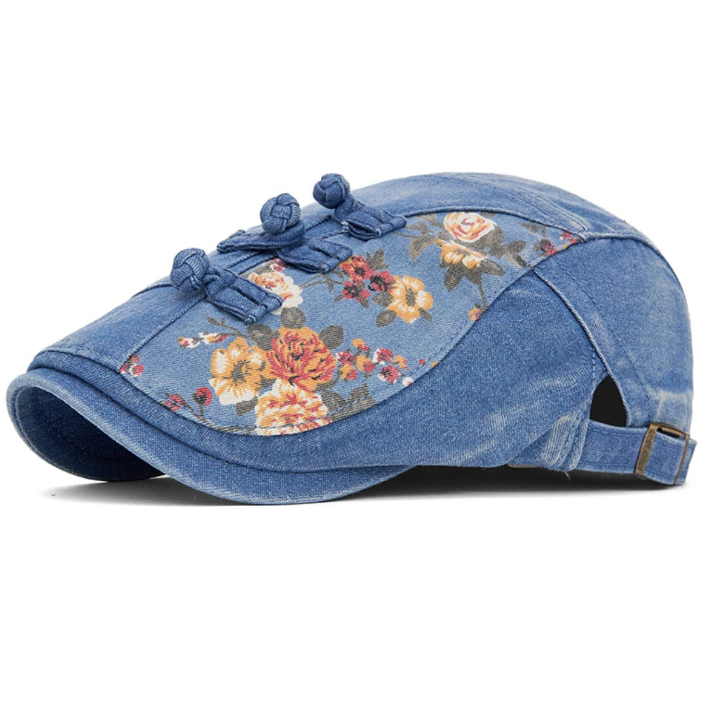 Tetbury Floral Patchwork Beret in Middle Blue