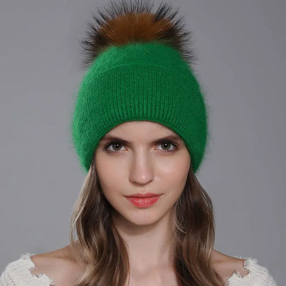 The Banff | Natural Raccoon Fur Pompom Knitted Beanie | Urban Caps NZ