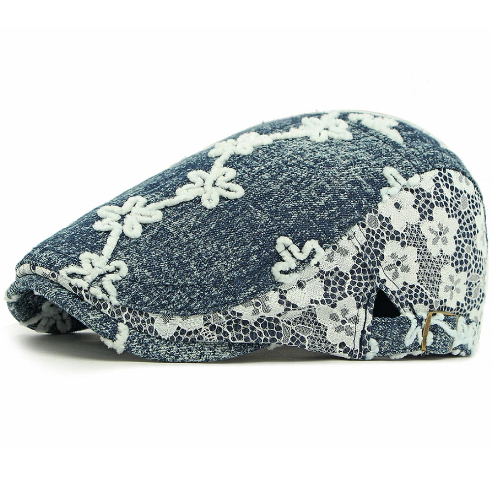 Genoa Floral Denim Beret in Dark Blue