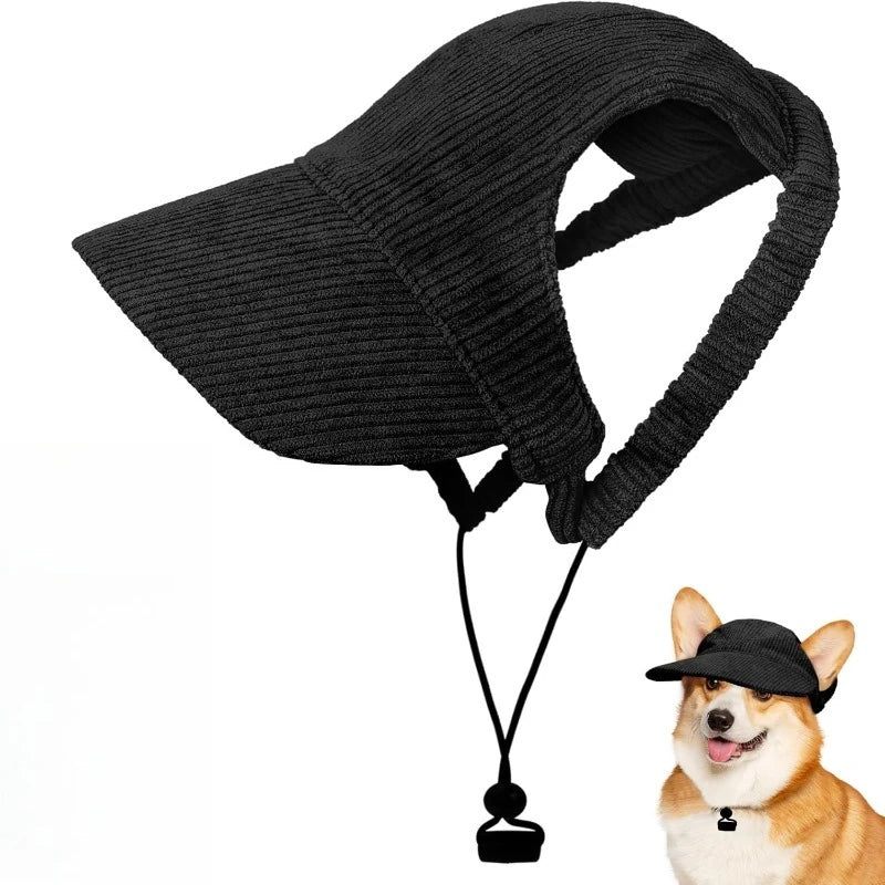Dog wearing a blue corduroy cap with wide brim