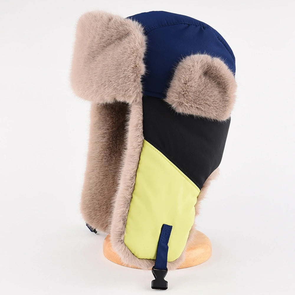 Yakutia Patchwork Fur Trapper Hat in Navy Blue