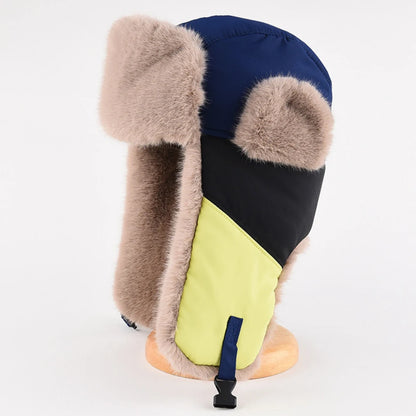 Yakutia Patchwork Fur Trapper Hat in Navy Blue