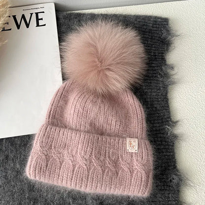 Windermere Fur Pompom Beanie in Leather Pink
