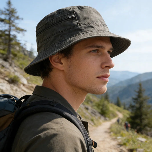 Washed cotton breathable bucket hat in navy, Panama style
