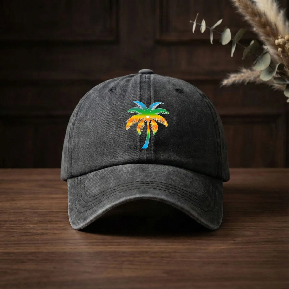 Palm Tree Embroidered Washed Cotton Cap – Unisex