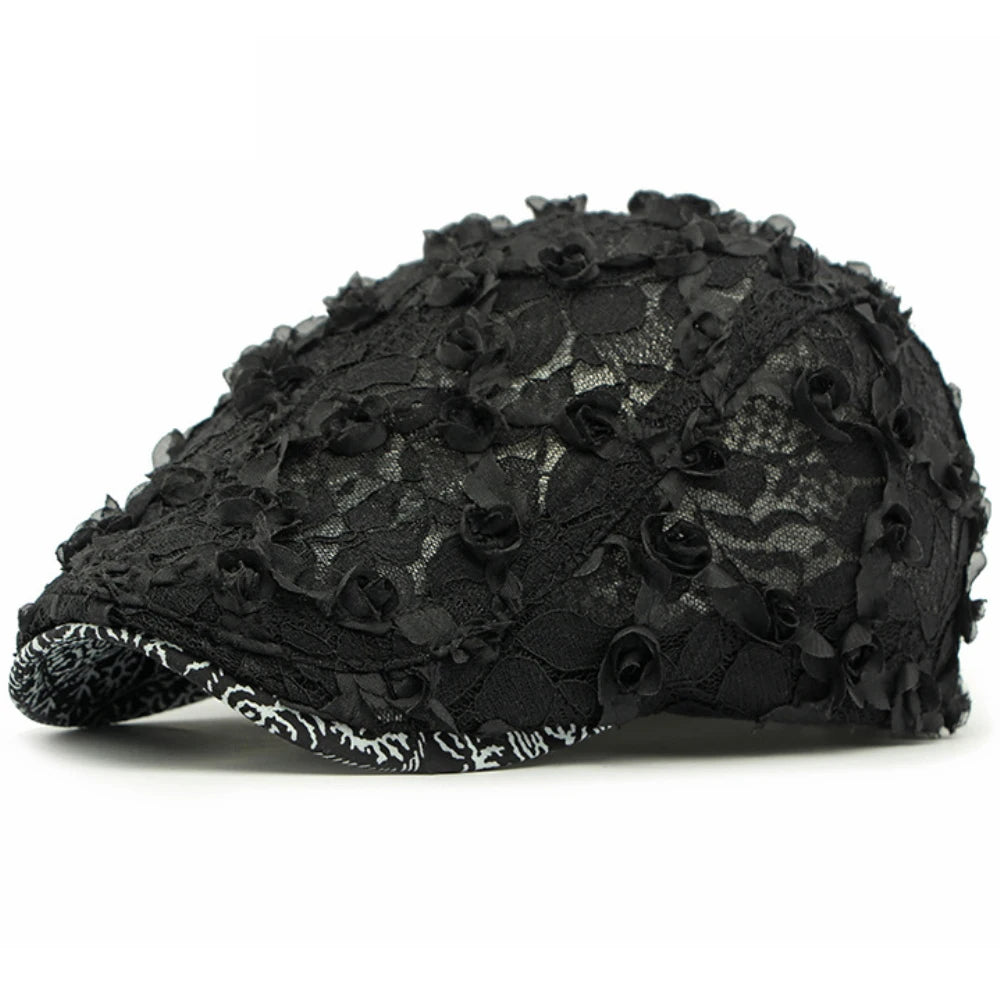 Glastonbury Lace Floral Beret in Black