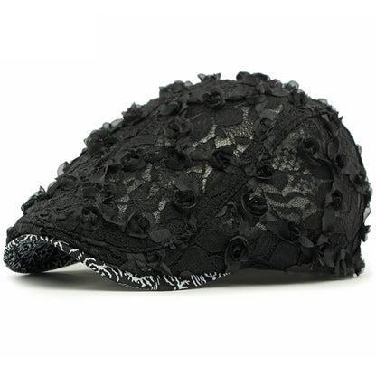 Glastonbury Lace Floral Beret in Black