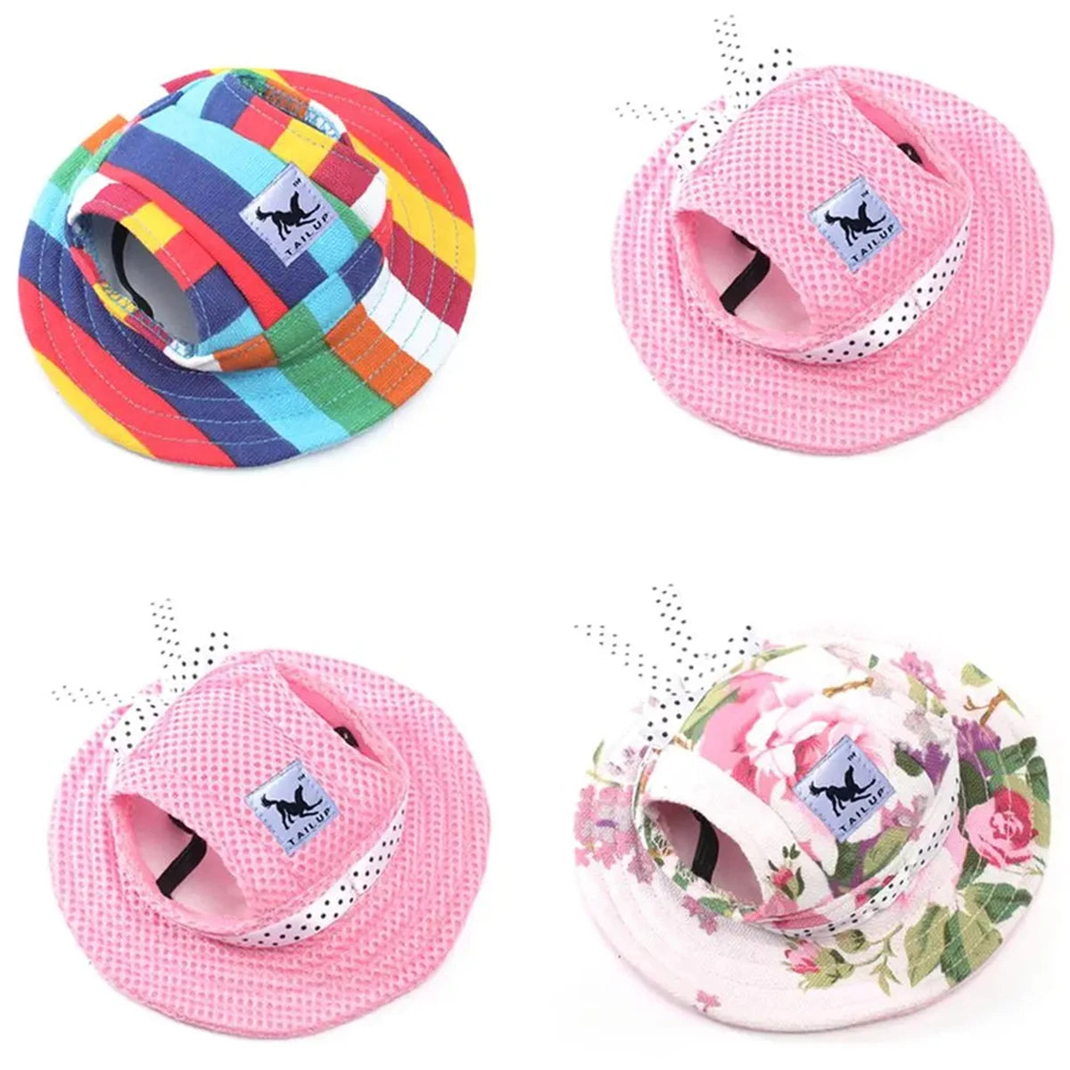 Colourful striped dog baseball cap shown in three sizes