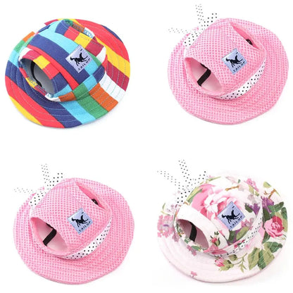 Colourful striped dog baseball cap shown in three sizes